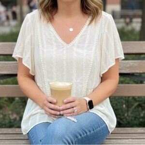 Torrid Cream V-Neck Blouse with Textured Stripes